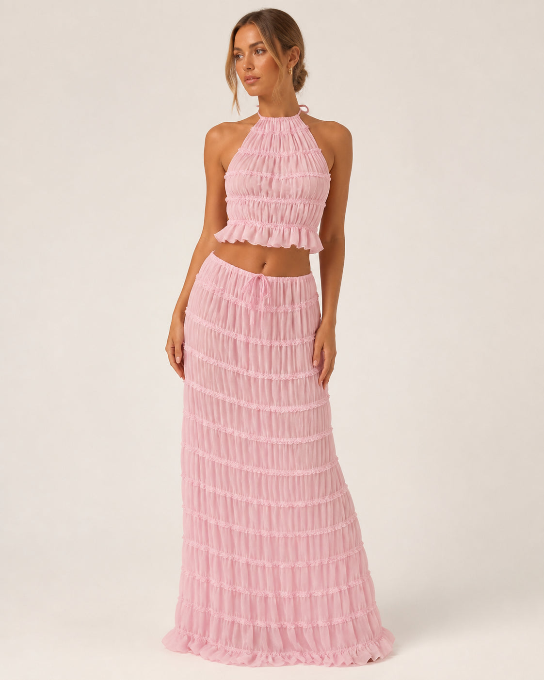 Marlowe Shirred Halter Top and Skirt Set in Pink