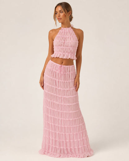 Marlowe Shirred Halter Top and Skirt Set in Pink