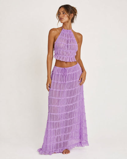 Marlowe Shirred Halter Top and Skirt Set in Purple