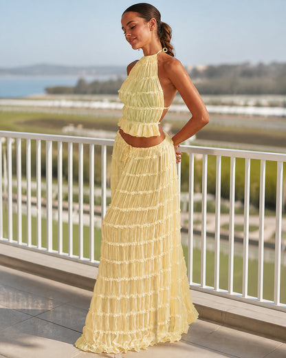 Marlowe Shirred Halter Top and Skirt Set in Yellow — Australian race day