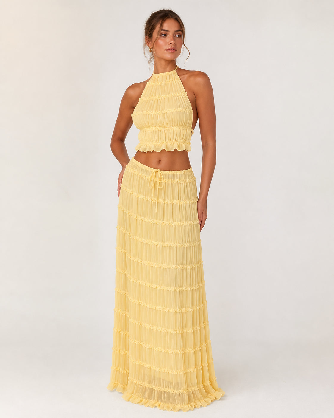 Marlowe Shirred Halter Top and Skirt Set in Yellow