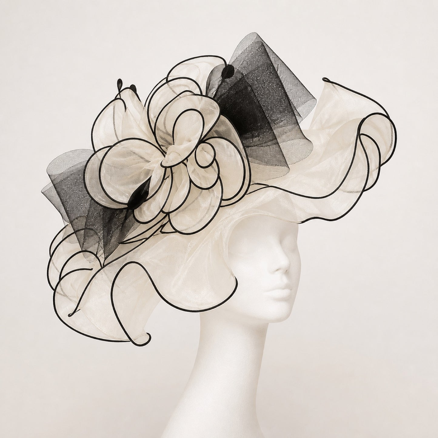 Odette Ruffled Organza Occasion Hat in ivory and black