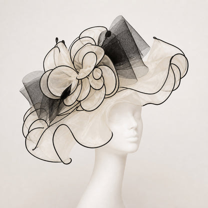 Odette Ruffled Organza Occasion Hat in ivory and black