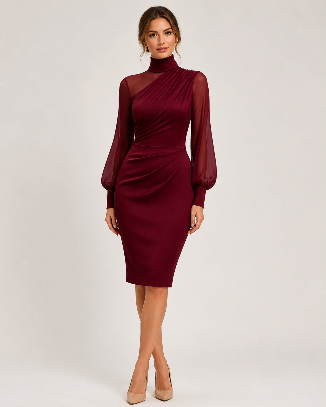 Odette Turtleneck Sheath Dress in Wine Red