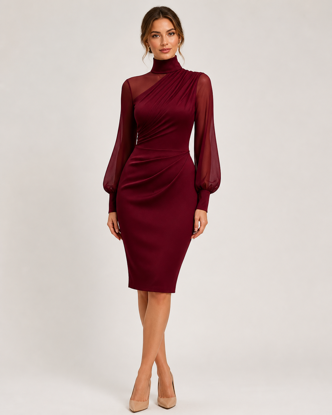 Odette Turtleneck Sheath Dress in Wine Red