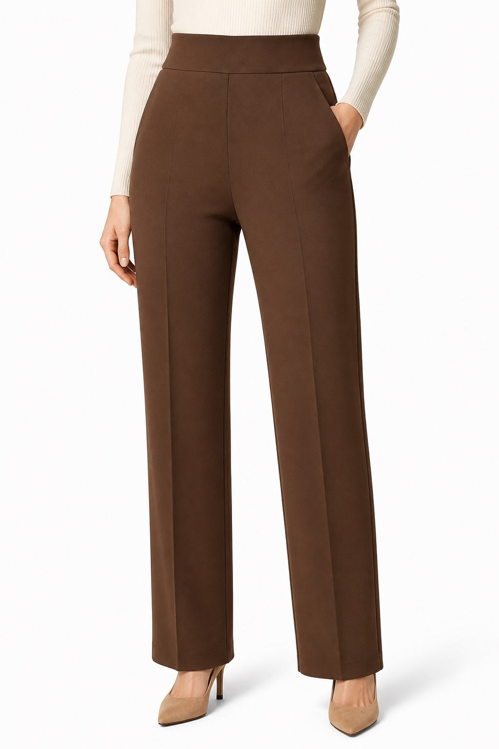 Quinn high-waist straight-leg knit trousers in Brown