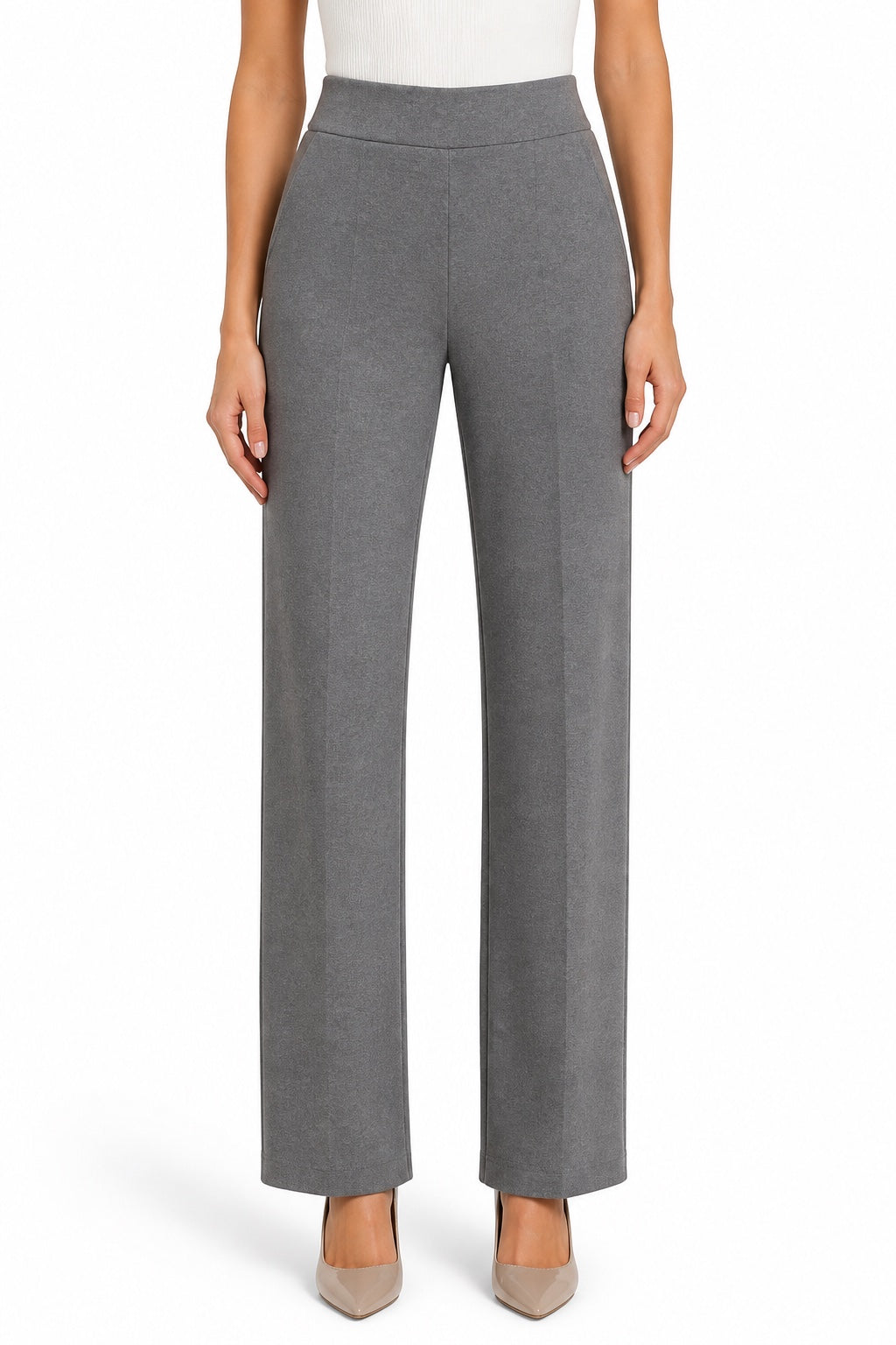 Quinn high-waist straight-leg knit trousers in Grey