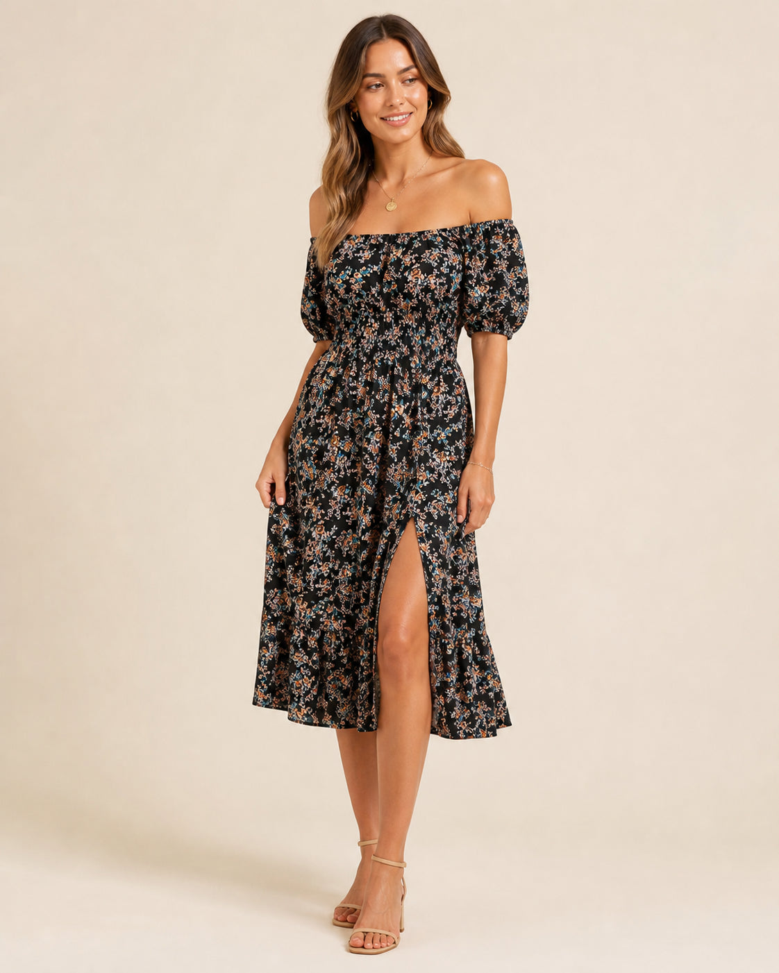 Vivienne Off-Shoulder Floral Midi Dress in Black