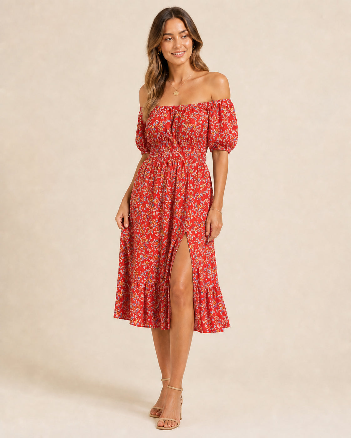 Vivienne Off-Shoulder Floral Midi Dress in Red